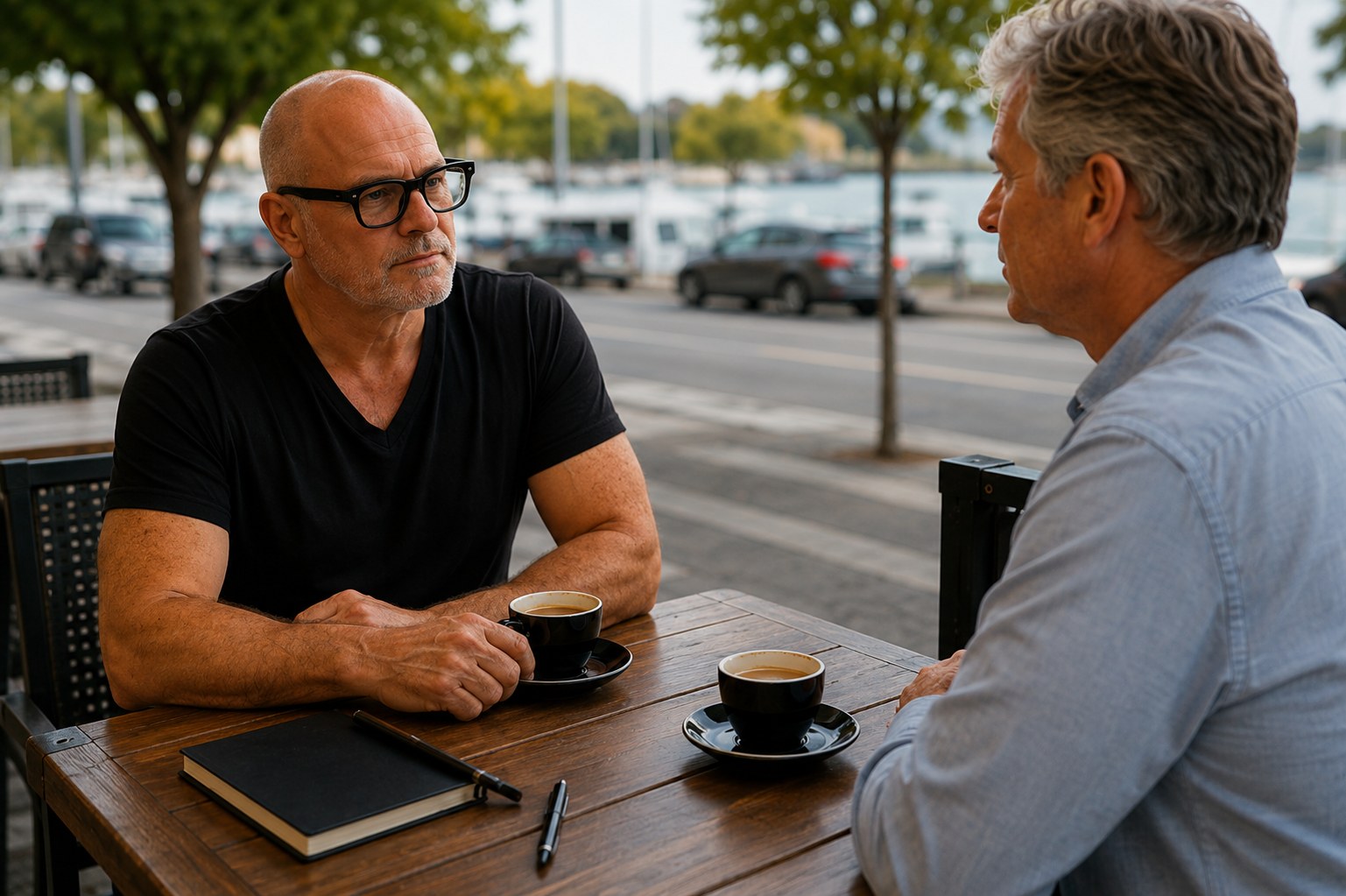 Rod sits with a client at an outdoor café table, listening, before any evidence has been collected.
