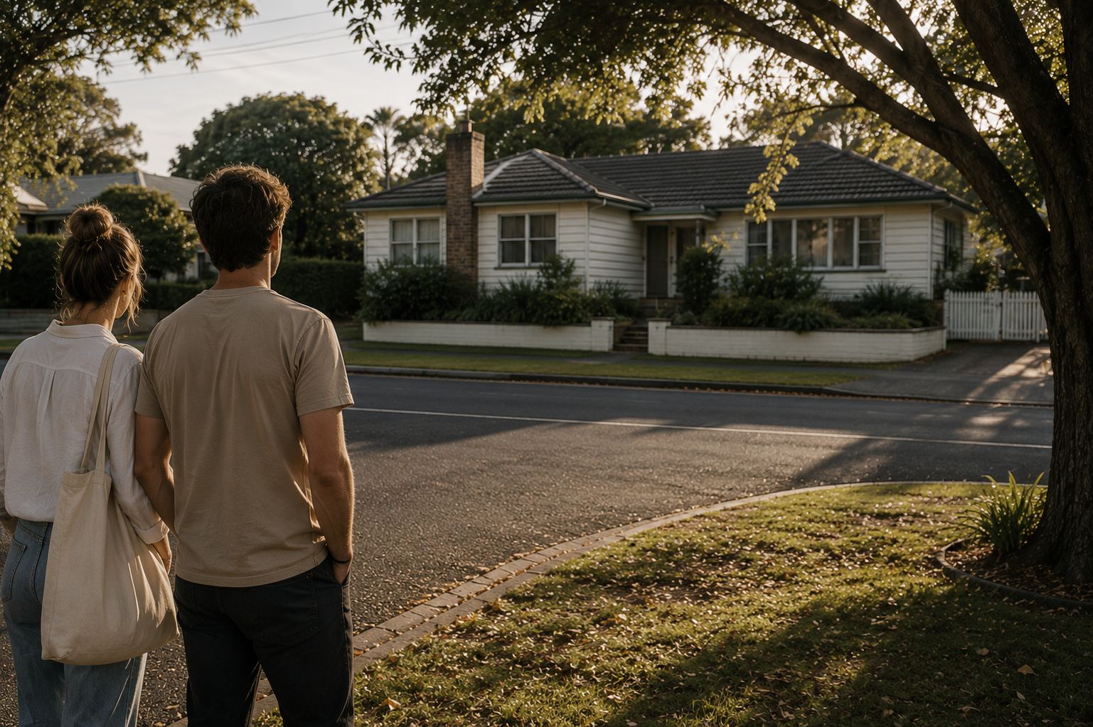 A couple stands at the edge of a street, looking at an ordinary, unrenovated house, exactly as it is.