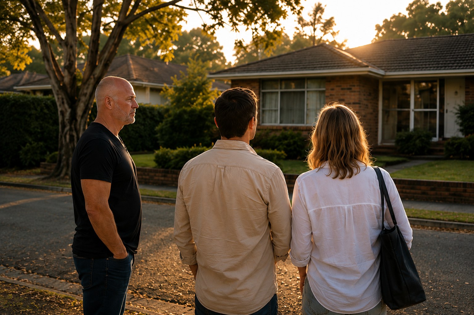 Three people stand at the edge of a suburban street at golden hour, looking toward a house, before anything has been decided.