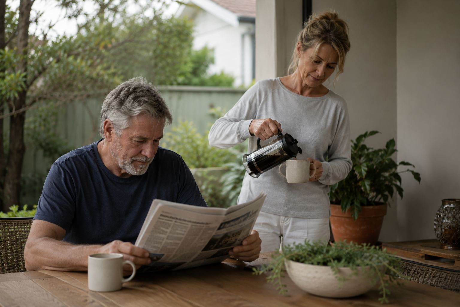A couple on an ordinary morning at home, reading the paper and pouring coffee, well after the decision was made.