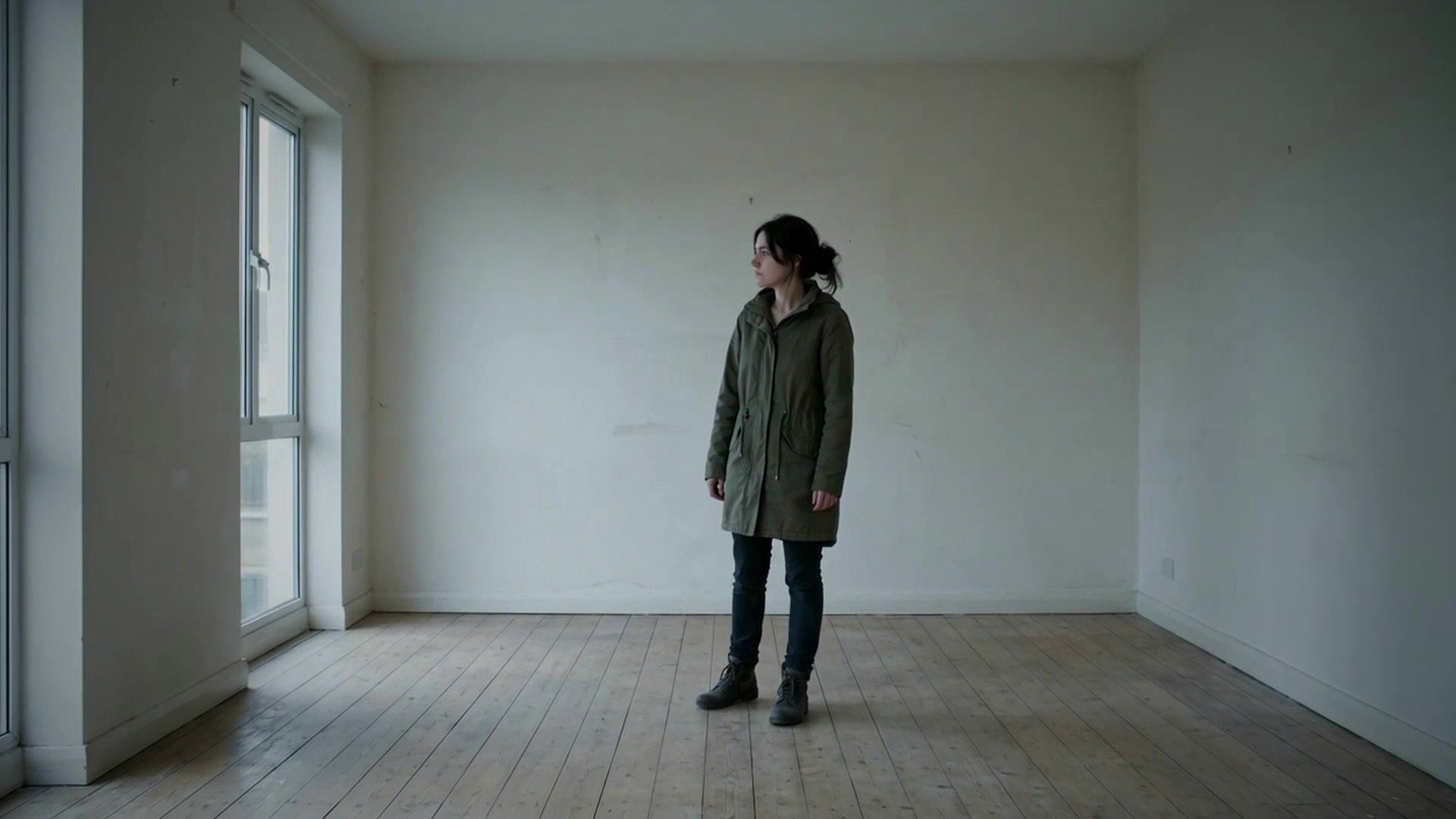 A person standing alone in an empty room, looking towards the window.