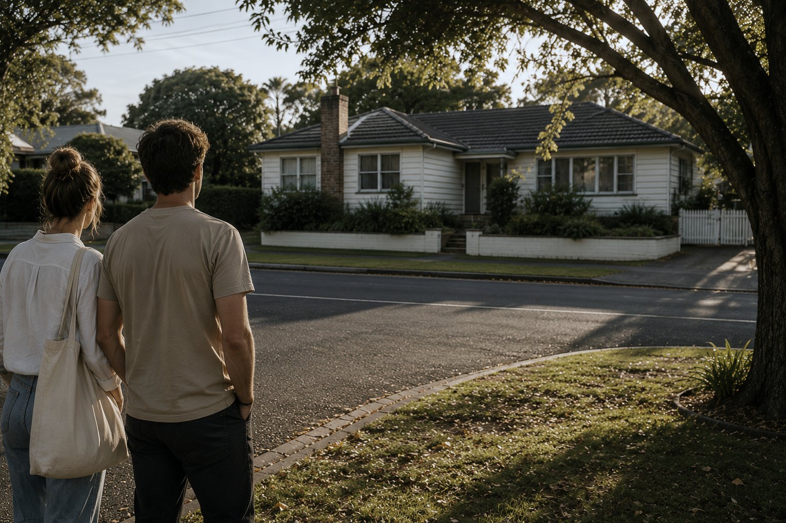 A couple seen from behind on a quiet evening street, looking across at a single-storey house.