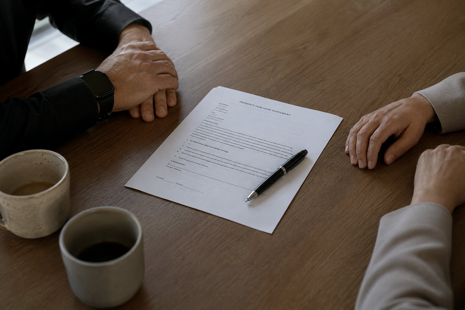 An unsigned contract and a pen on a table, two cups of coffee gone cold.